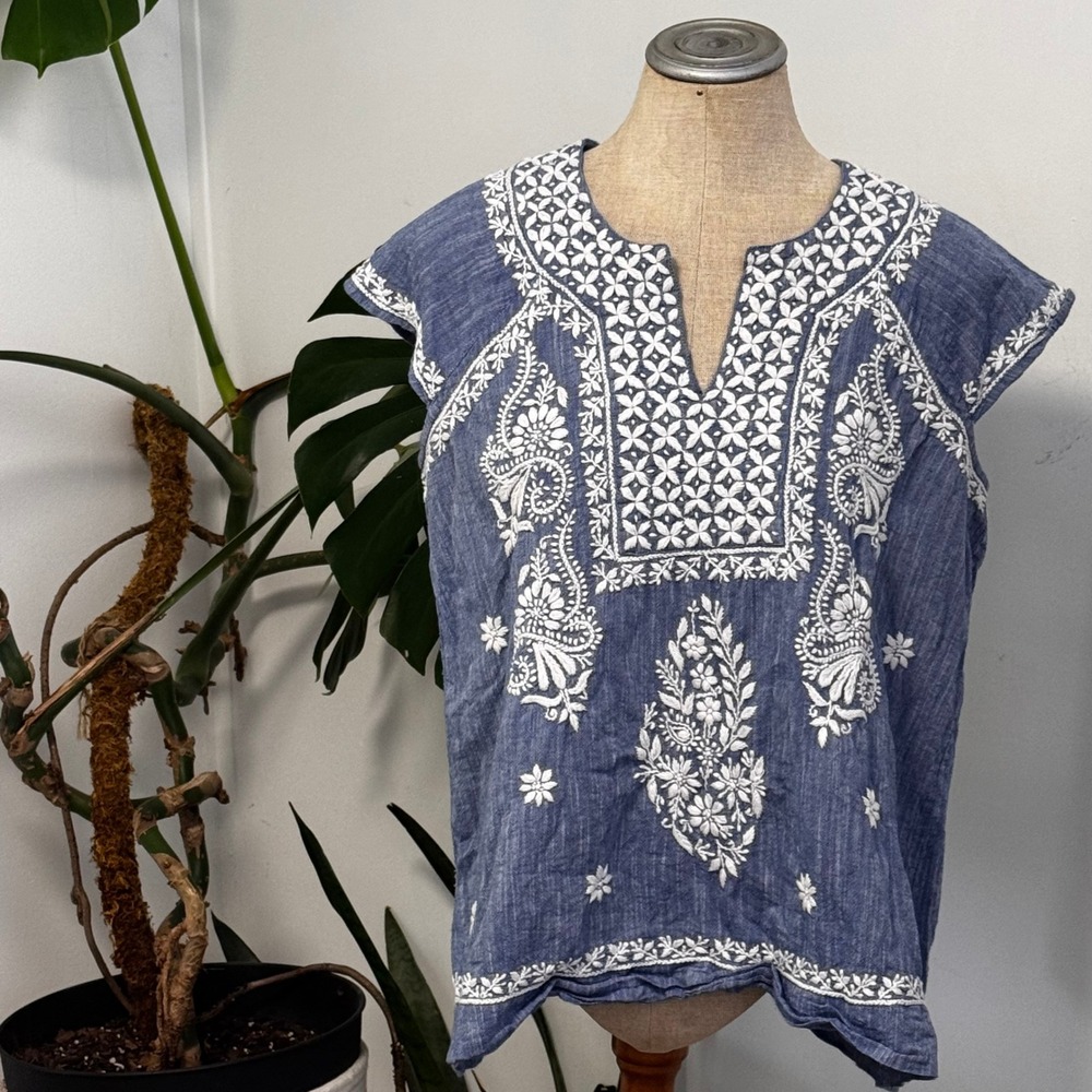Roller Rabbit Embroidered Tunic Women XL Blue White Boho Floral Cotton Top